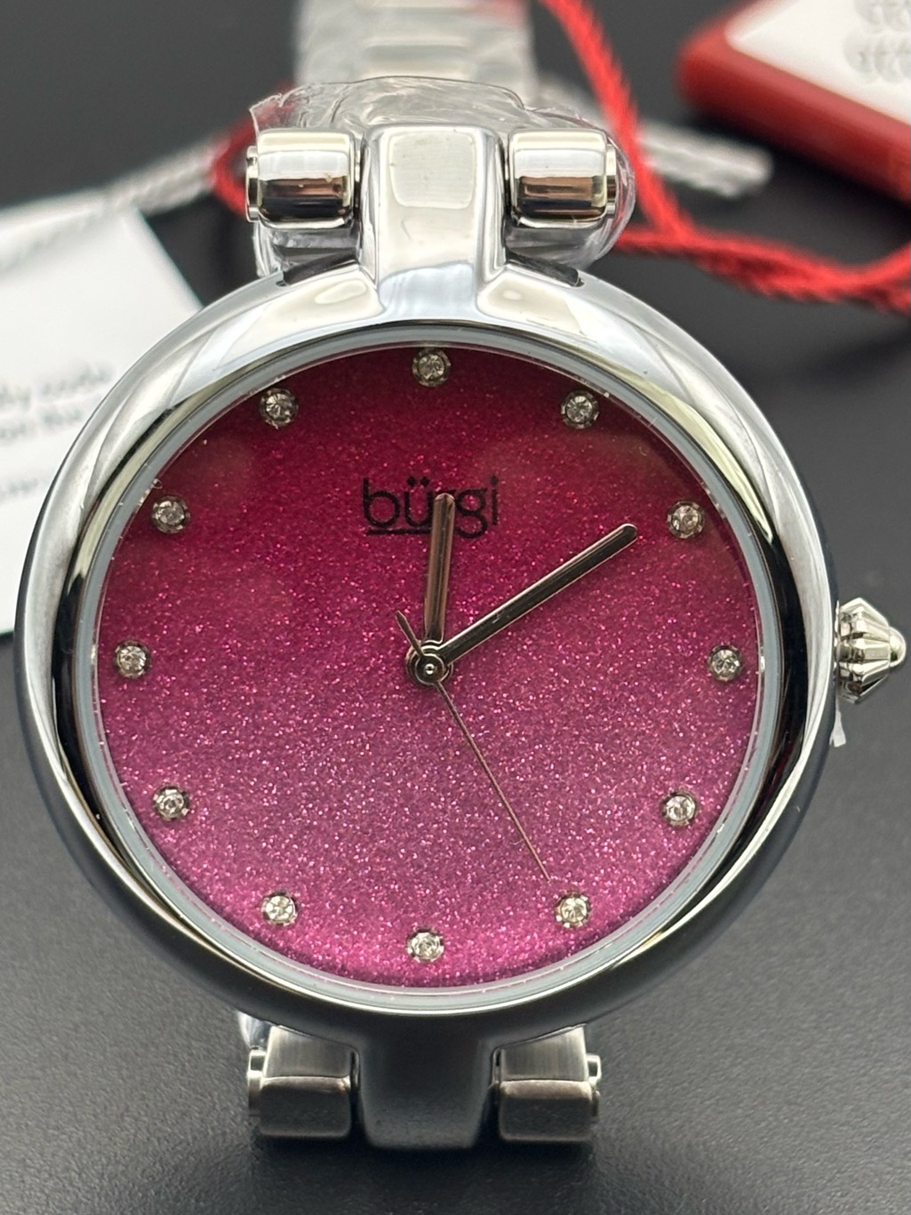 August Steiner Silver Bracelet Watch With Pink Sparkle Dial